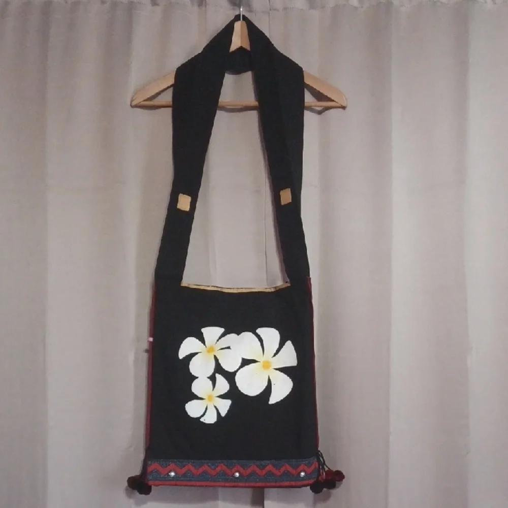 Boho Black Floral Shoulder Bag, Festival, Artisan Style